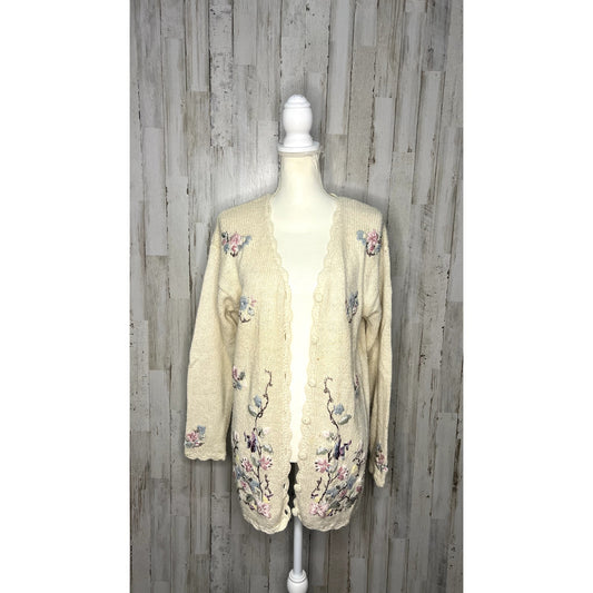 Vintage 80s Crystal Kobe Floral Embroidered Knit Cardigan Beige Women's Medium