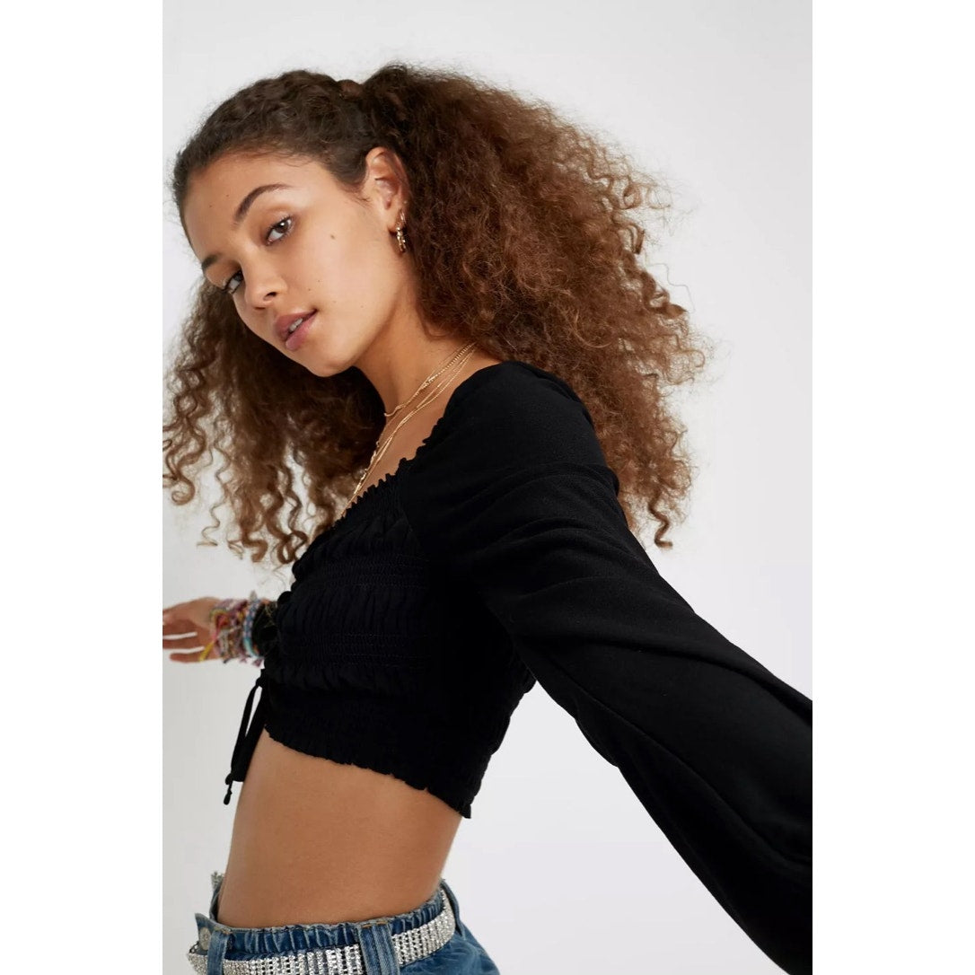 Urban Outfitters Women's Small Black Ruched Long Sleeve Sweetheart Crop Top