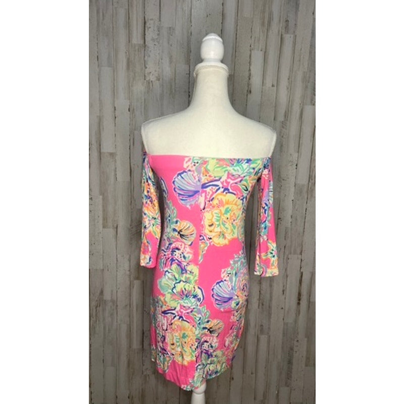 Lilly Pulitzer XXS Pink Off-The-Shoulder Dress Coral Reef Print Casual