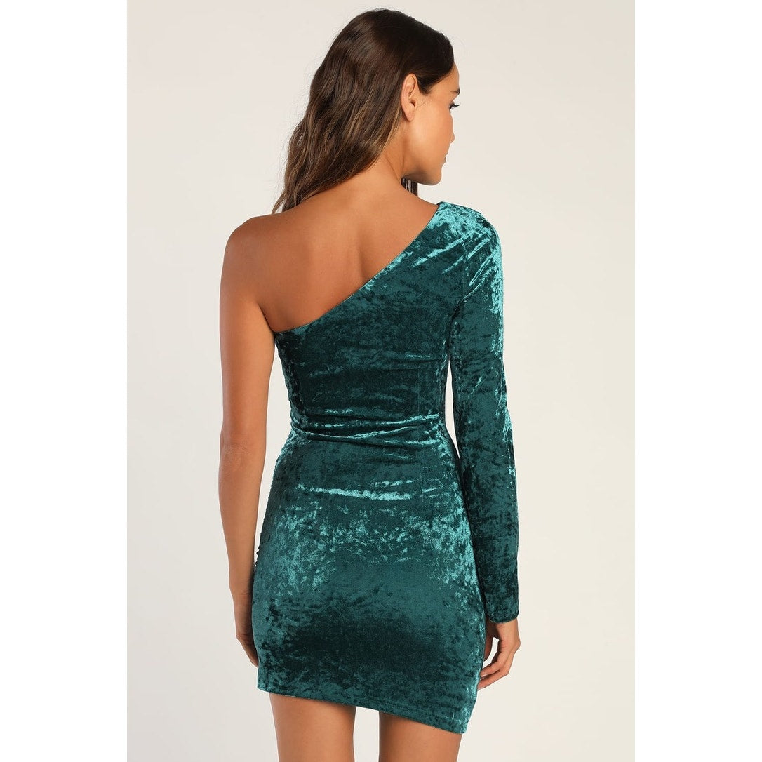 Lulus Women's One-Shoulder Mini Dress Teal Crushed Velvet Size Medium