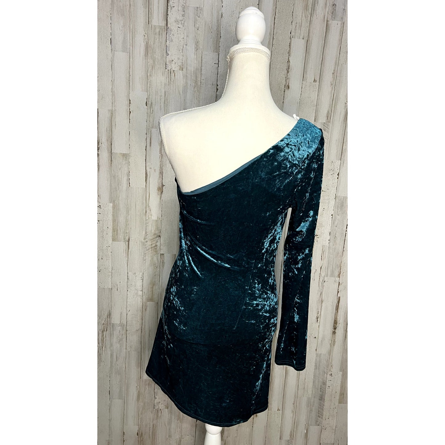 Lulus Women's One-Shoulder Mini Dress Teal Crushed Velvet Size Medium