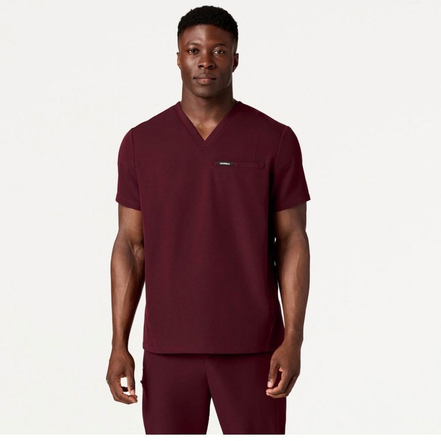 Jaanuu Scrub Top Men's XL Burgundy Wine V-Neck Short Sleeve Chest Zip