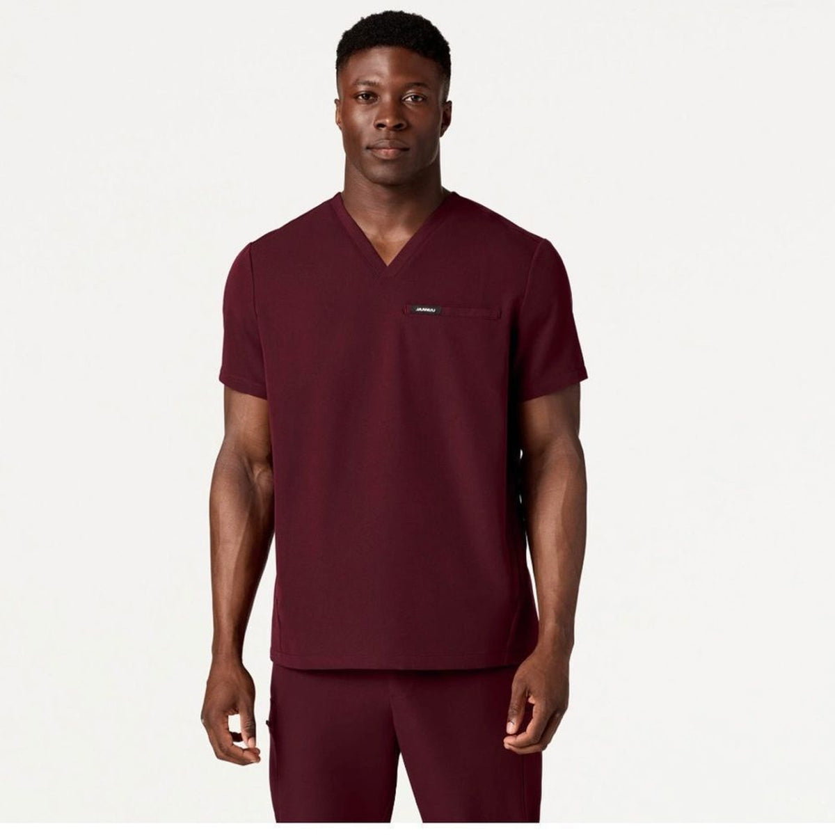 Jaanuu Scrub Top Men's XL Burgundy Wine V-Neck Short Sleeve Chest Zip