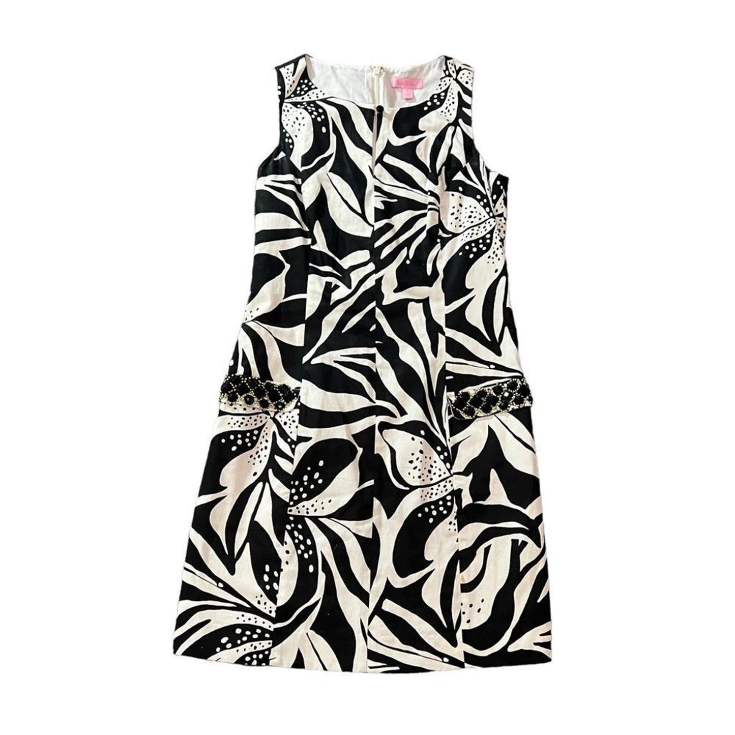 Lilly Pulitzer Forsythia Black White Sneak A Peek embellished shift dress Size 2