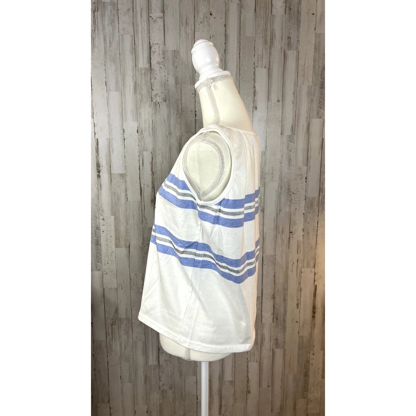 Lizwear Women's Size Large White Tank Top Blue Stripes & Stars Sleeveless Casual