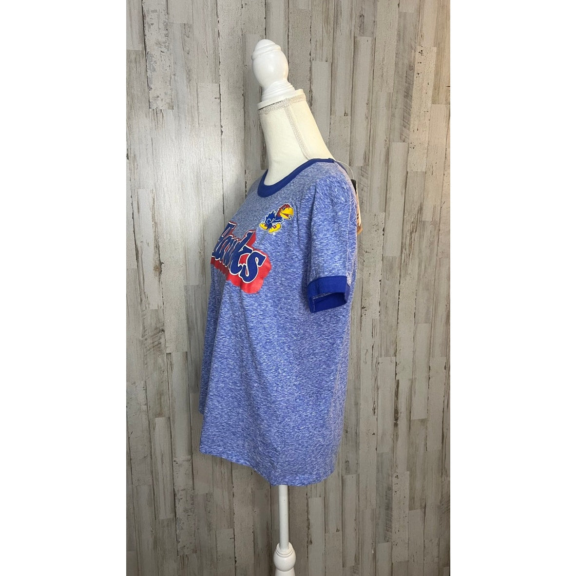 NWT Kansas Jayhawks Women's Small Blue Ringer T-Shirt Graphic Print Sports Tee