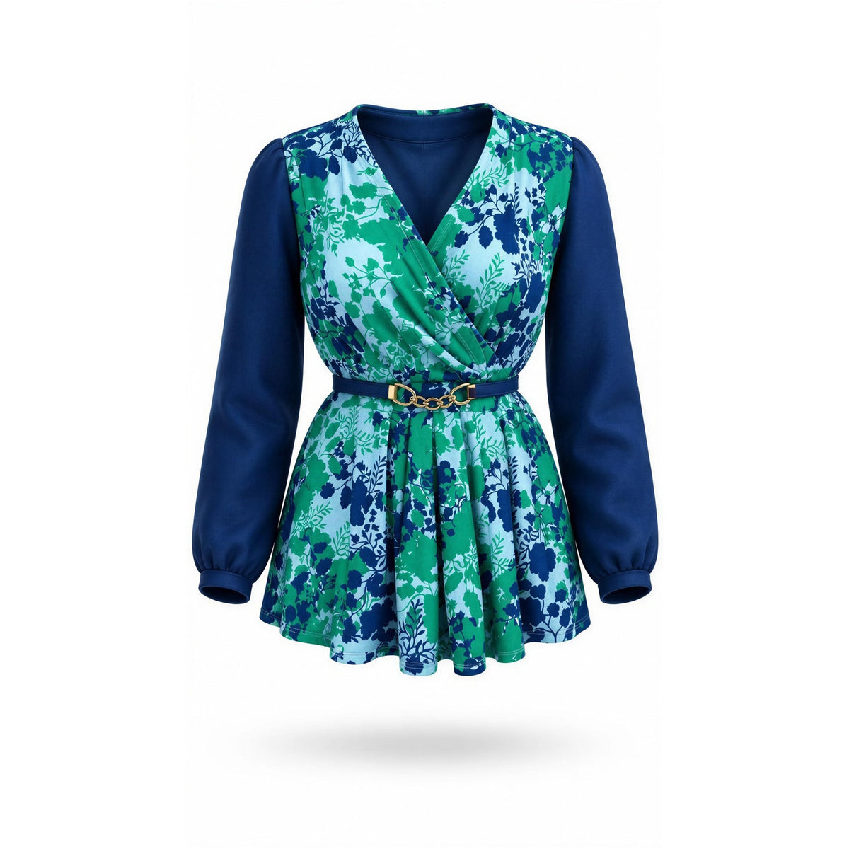Jaclyn Smith Floral Surplice Wrap Blouse Womens Medium Blue Green V-Neck Belted