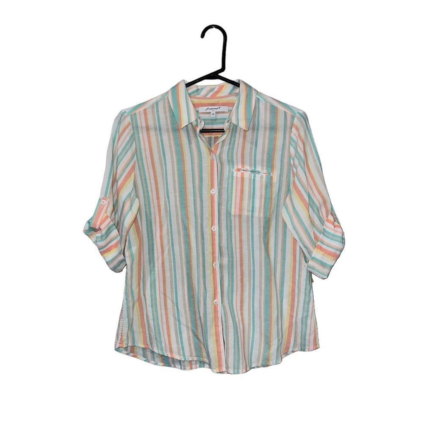 Foxcroft NYC Button-Up Shirt Womens Petite 10P Pastel Striped 3/4 Sleeve