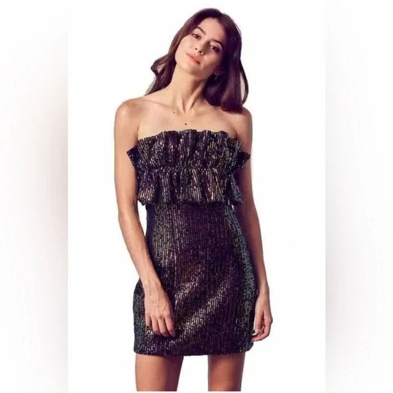 Thirty Thirty LA Women's Strapless Sequin Mini Dress Ruffle Top Size Large