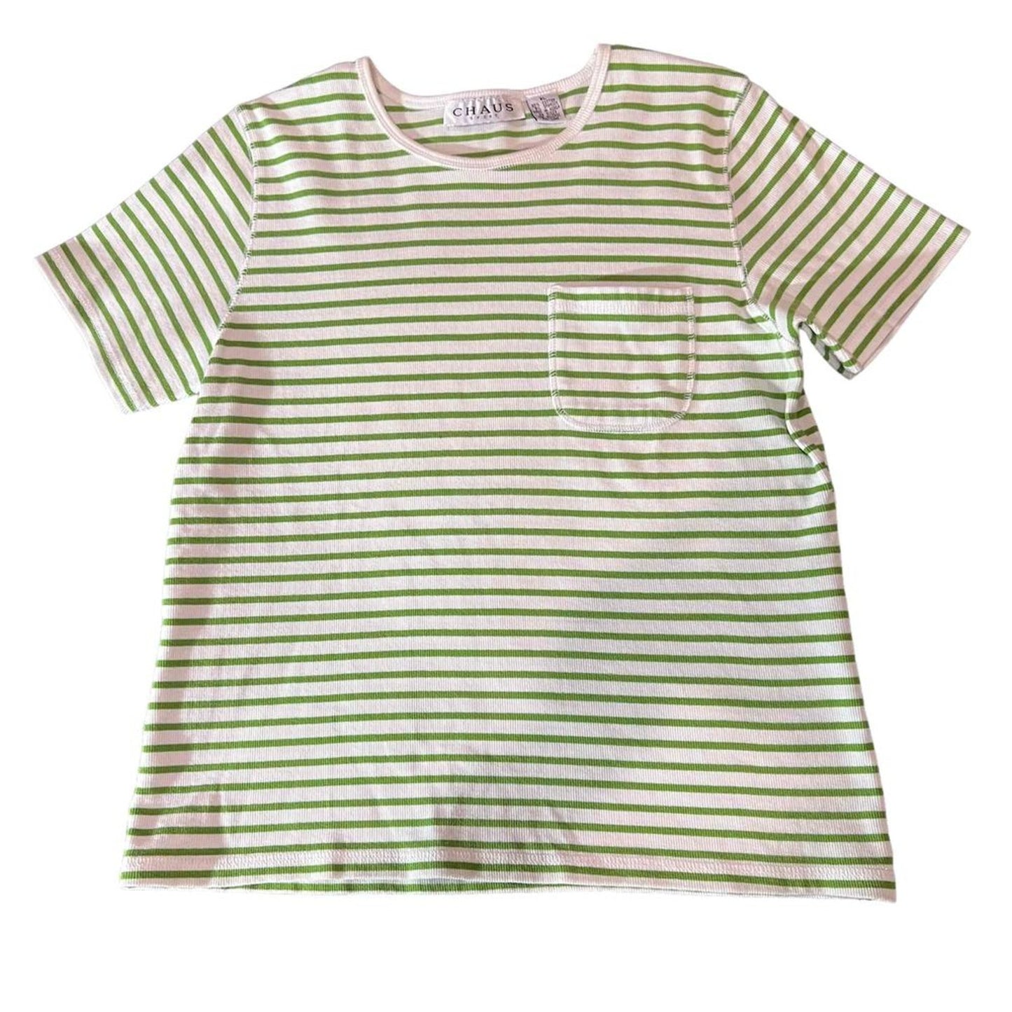 Chaus Sport T-Shirt Womens XL Green & White Striped Chest Pocket Crew Neck
