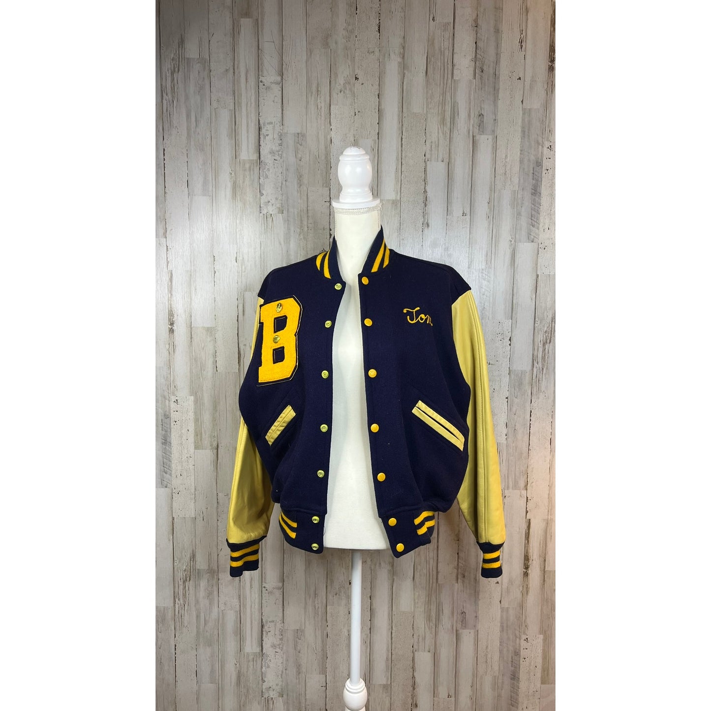 Vintage Bullis Prep Varsity Letterman Jacket Men’s 40 Blue Wool Leather Sleeves