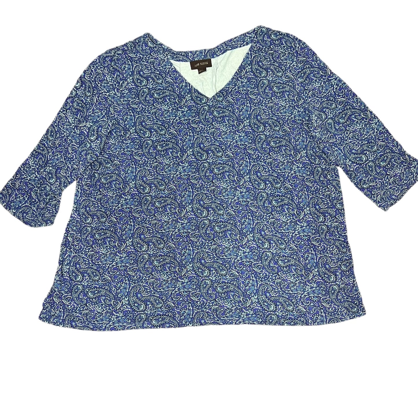 J. Jill Wearever Collection Women's Medium Blue Floral V-Neck 3/4 Sleeve Blouse