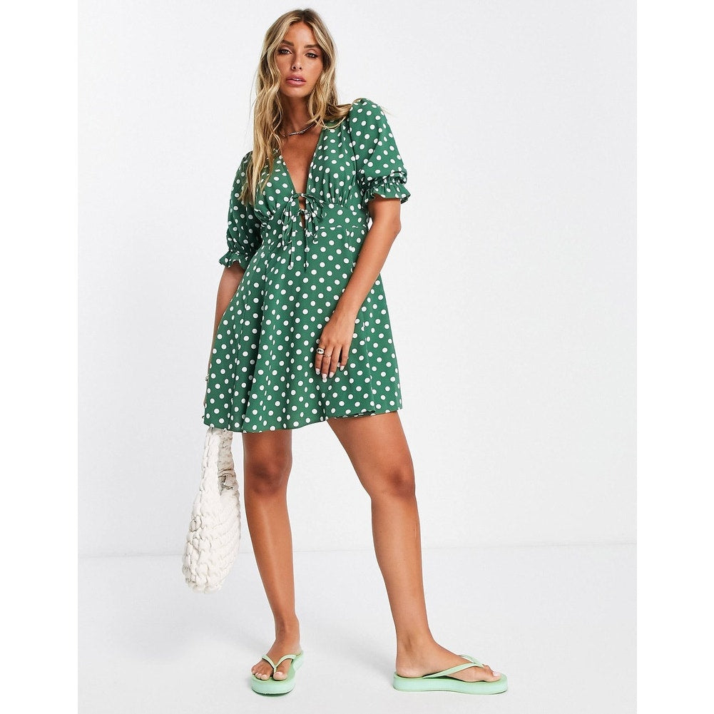 ASOS Women's Size 10 Green Polka Dot Tie Front Mini Tea Dress Short Sleeve