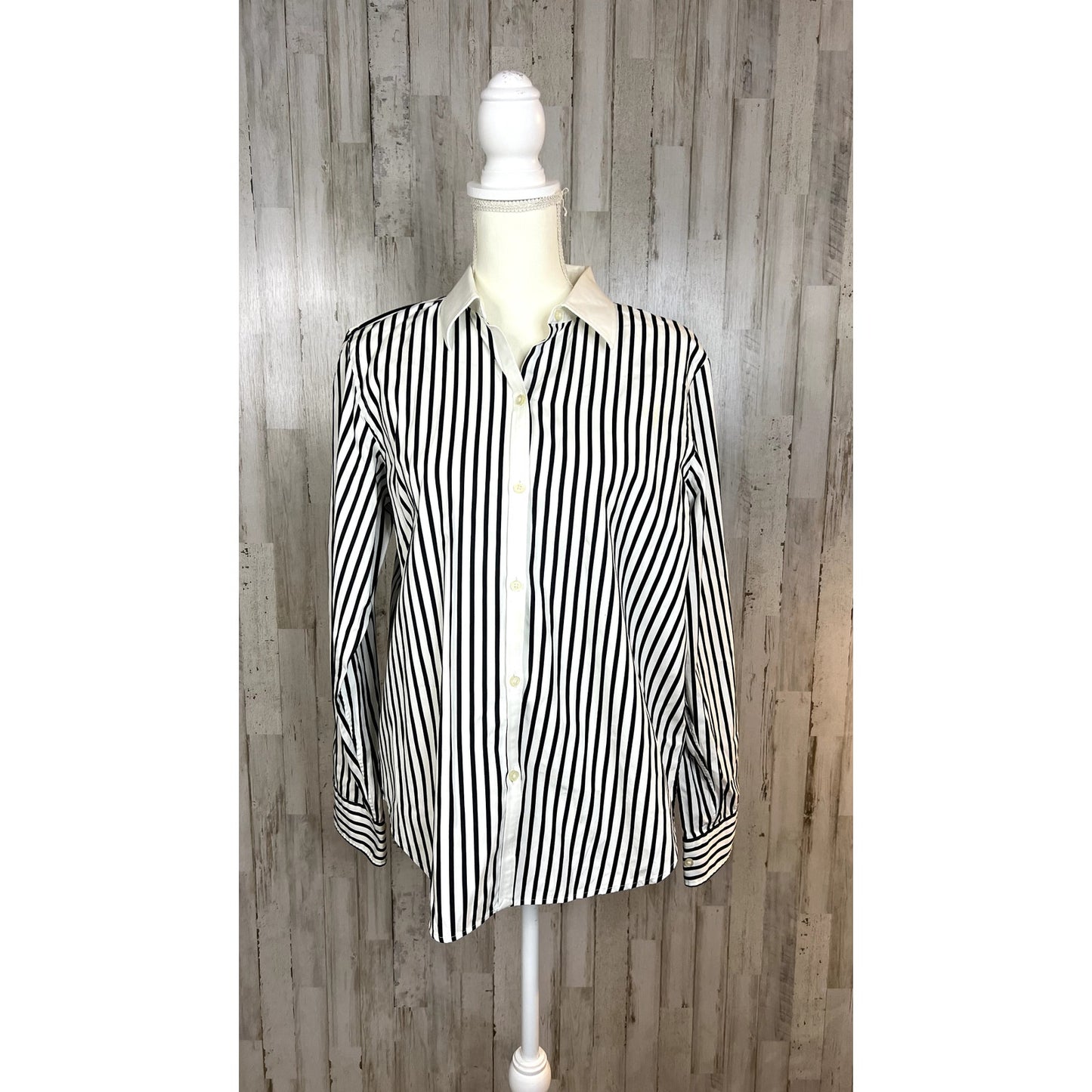 Lauren Ralph Lauren Womens Large Black/White Long Sleeve Striped Button-Up Shirt