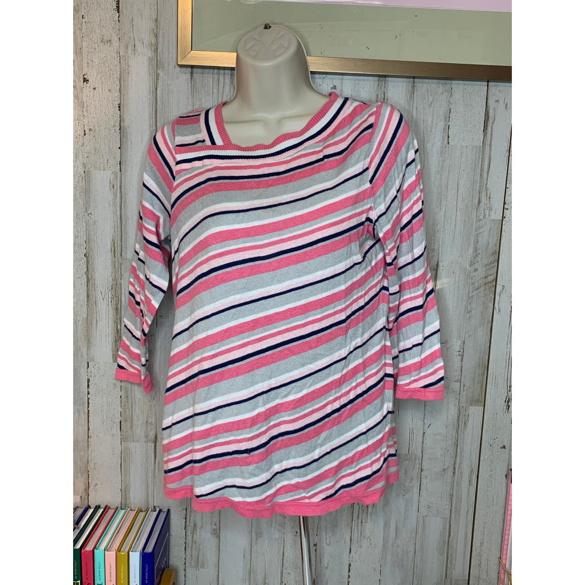 Chico’s Top Womens Extra Small Striped Knit Pullover 3/4 Sleeve Pink Gray Navy