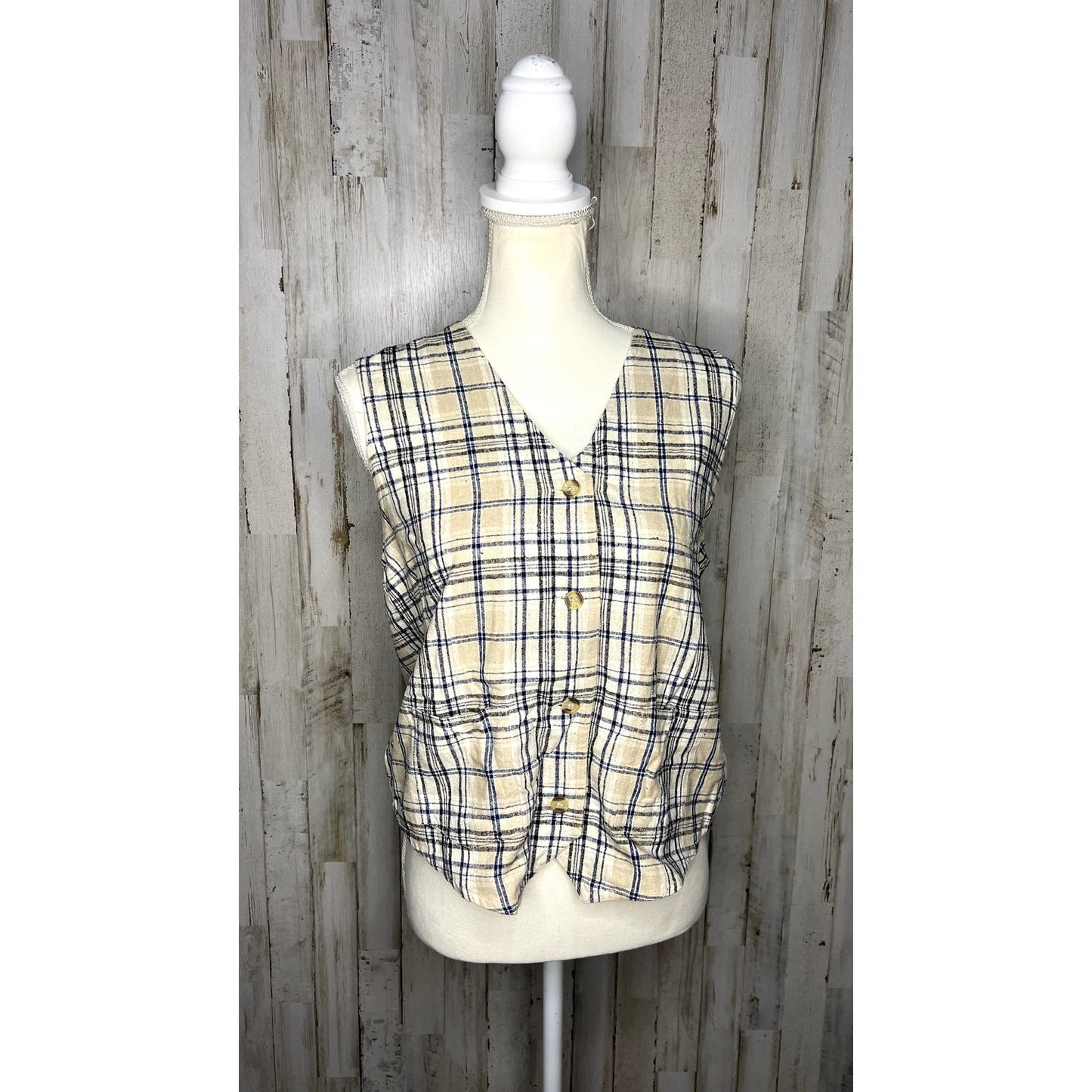 Vintage Silk Exchange Plaid Vest Women's Medium Cream/Blue Button-Up Vest