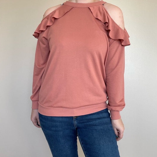 Express Women's XS Pink Ruffle Cold Shoulder Long Sleeve Casual Spring Blouse