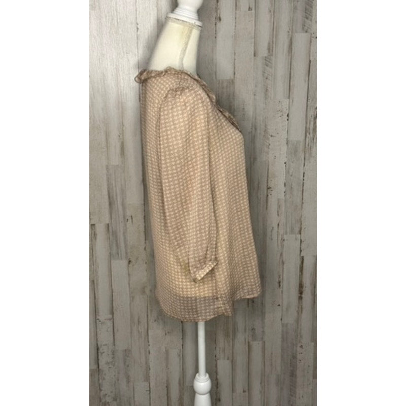 Gap Women's Beige Houndstooth Ruffle Blouse Size Small Casual 3/4 Sleeve