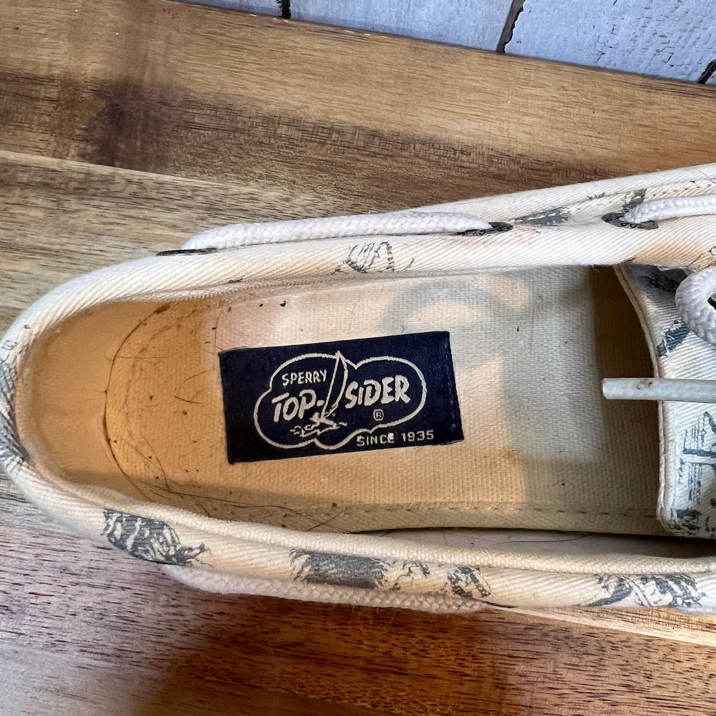 Vintage Sperry Top-Sider Women's 10M Canvas Boat Shoes White Palm Tree Print