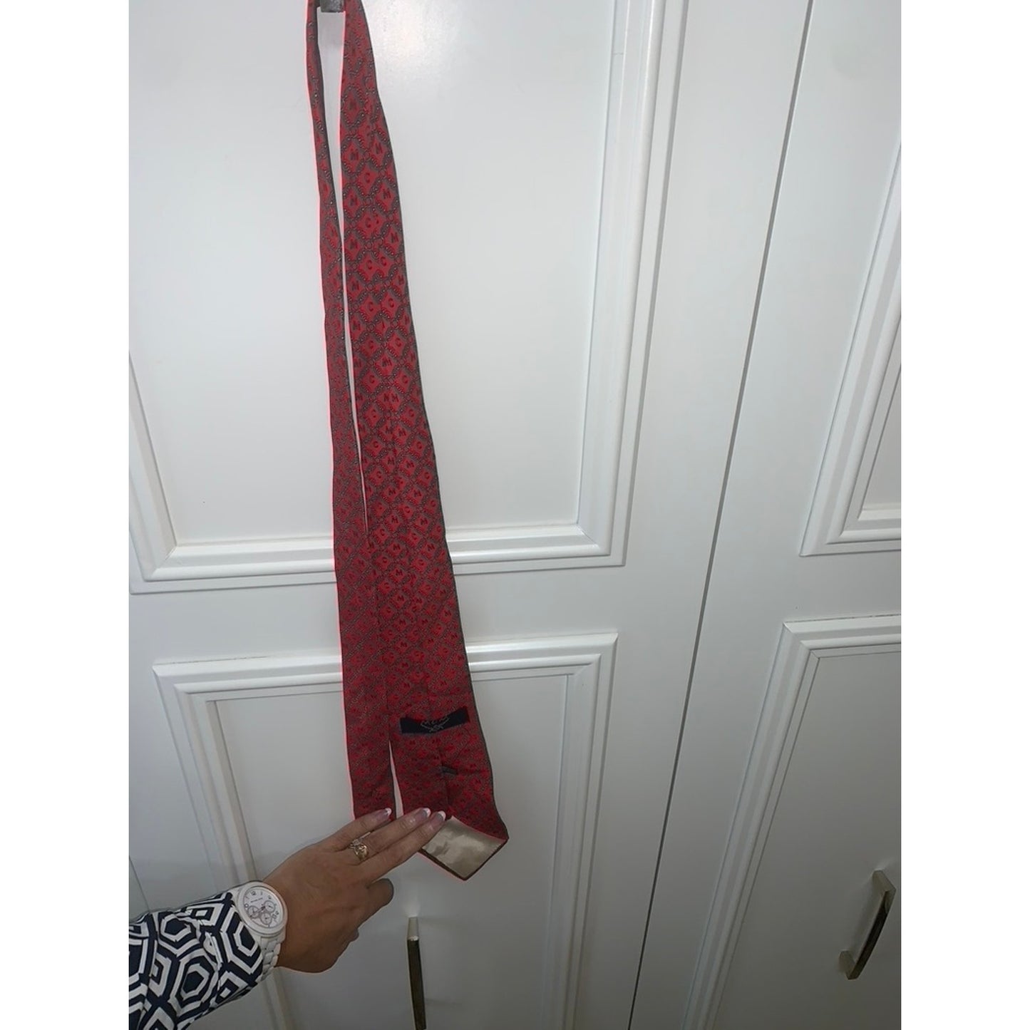 MCM Men's Red Geometric Silk Tie Fashion Classic Length Adjustable