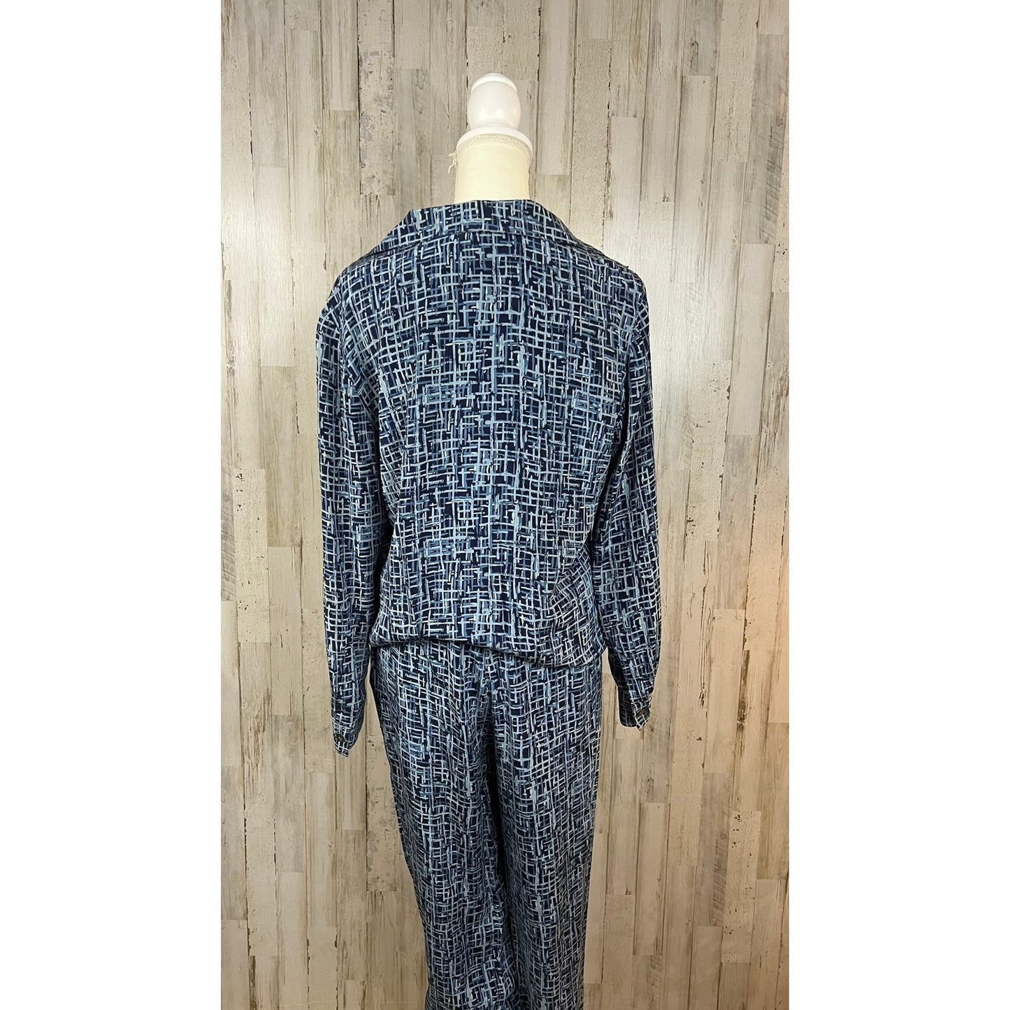 Vintage Katherine Kelly Collection Womens Blue Silk-Blend Geometric Print Outfit