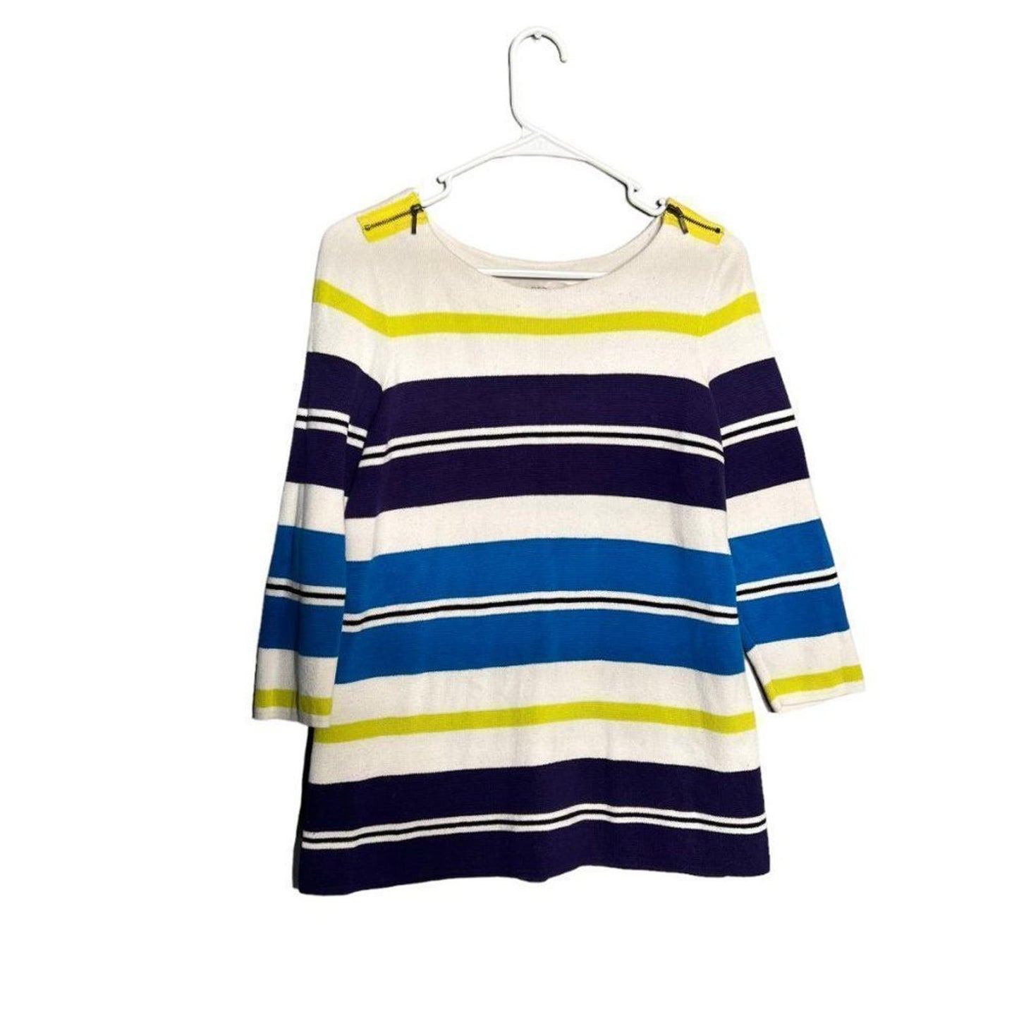 LOFT Blue Sporty Stripe Zip Shoulder 3/4 Slv Knit Sweater Shirt