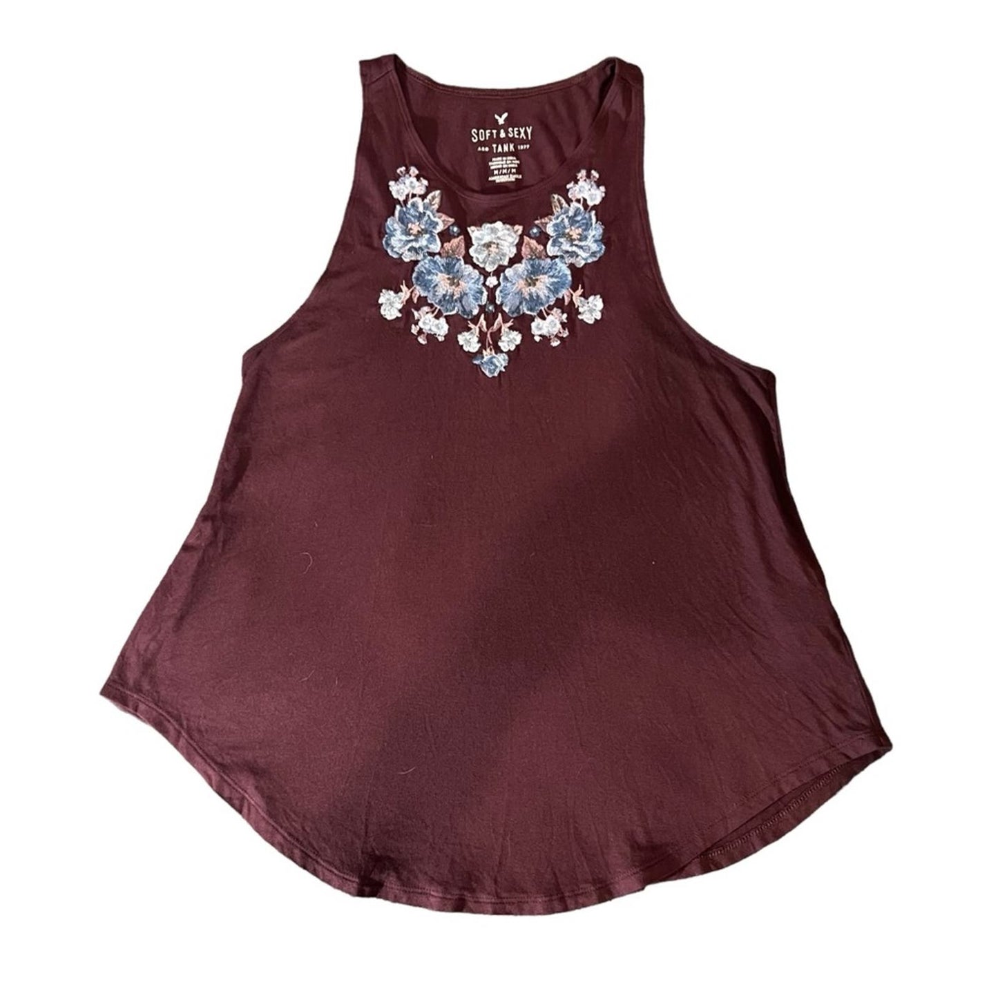 American Eagle Soft & Sexy Burgundy Embroidered Floral Tank Top Size Medium