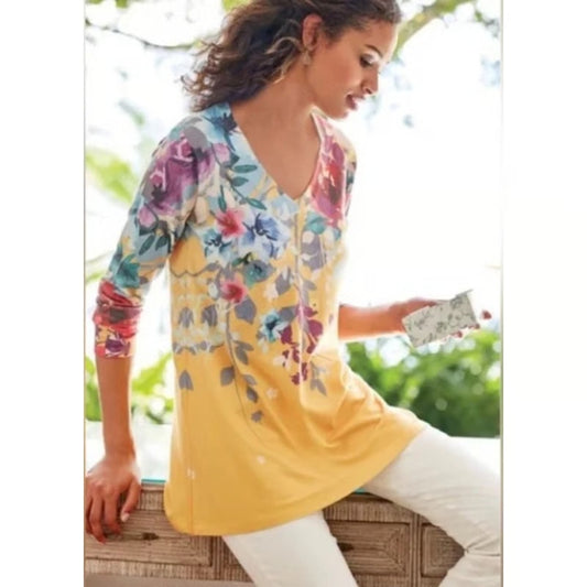 Soft Surroundings Women's Medium Yellow Floral Delphina V-Neck Tunic Sweater