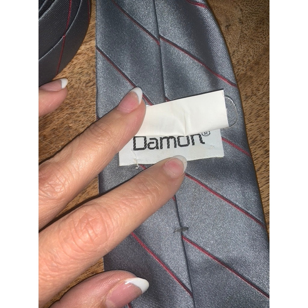 Vintage Damon Men's Gray & Red Striped Designer Tie