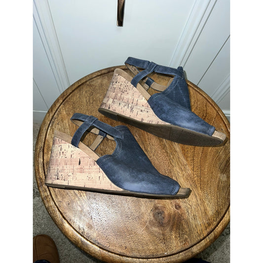 Life Stride Women's Denim Blue Wedge Sandals Size 10M Floral Cork Heel Summer Casual