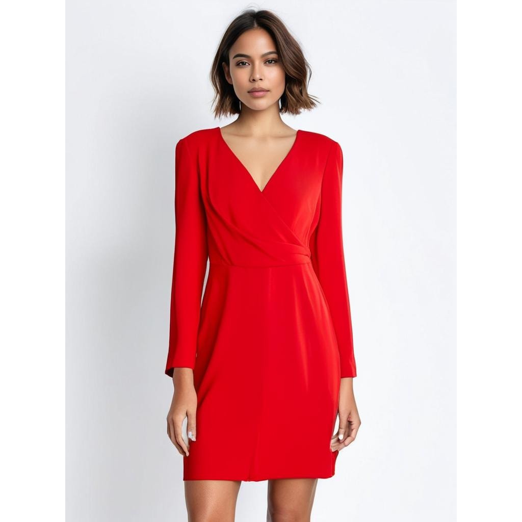 Lauren Ralph Lauren Women's Size 8 Red V-Neck Knee Length Long Sleeve Dress