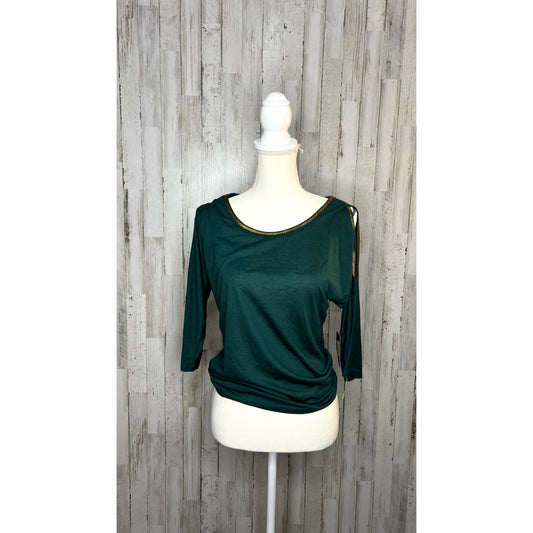 NWT Jessica Simpson Womens XS Green 3/4 Sleeve Blouse Gold Trim Shoulder Cut Out