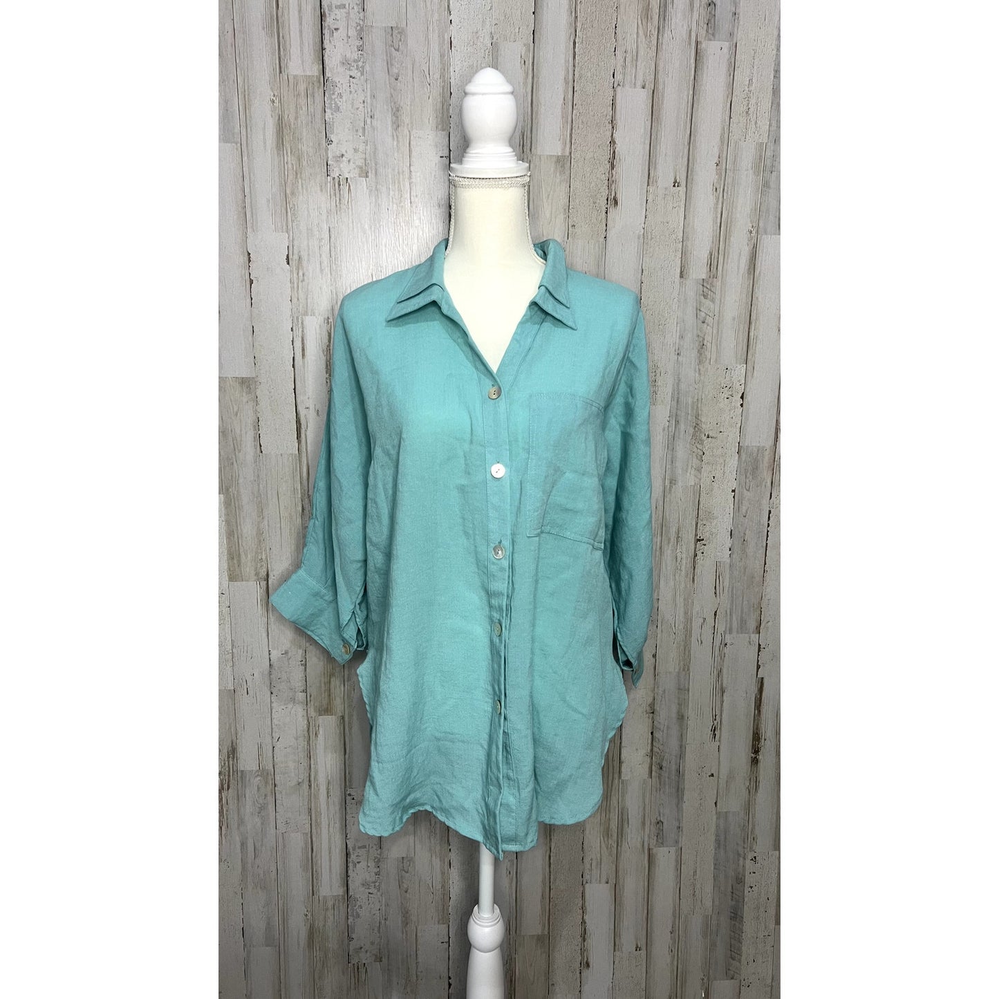 Fridaze Women's Small Teal 3/4 Sleeve Roll Tab Sleeve Linen Button-Up Shirt