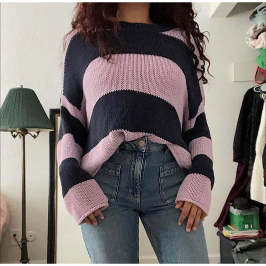 Aerie Women's Medium Striped Pullover Sweater Purple Navy Long Sleeve Cozy Knit