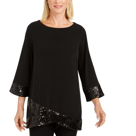 NWT NY Collection Women's Petite Large Black Sequin Hem Tunic Long Sleeve Top