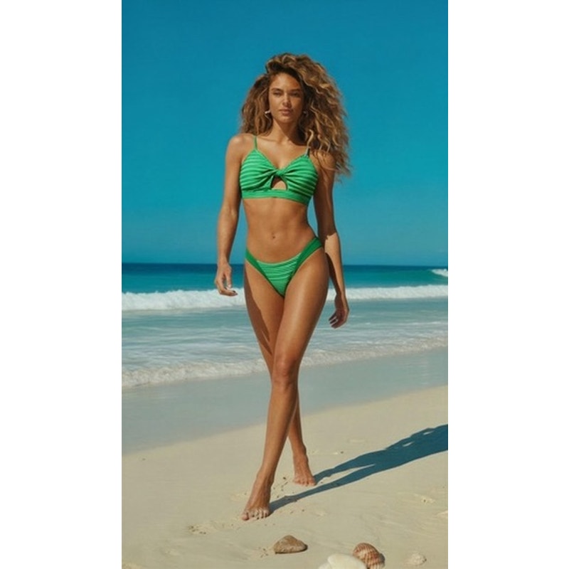 Womens Green Ribbed 2-Piece Bikini Set Size XL Triangle Top High-Leg