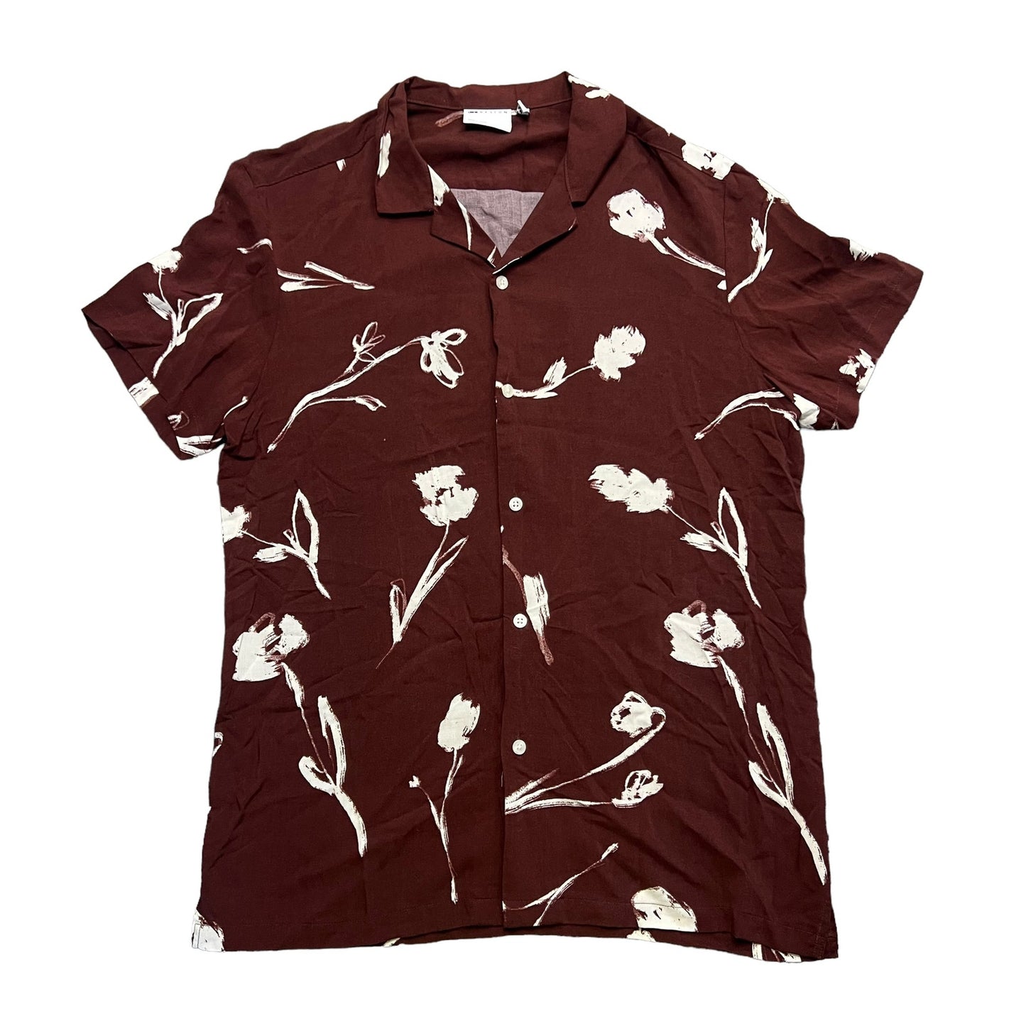 ASOS Design Men's Medium Burgundy Floral Print Revere Short Sleeve Button Down