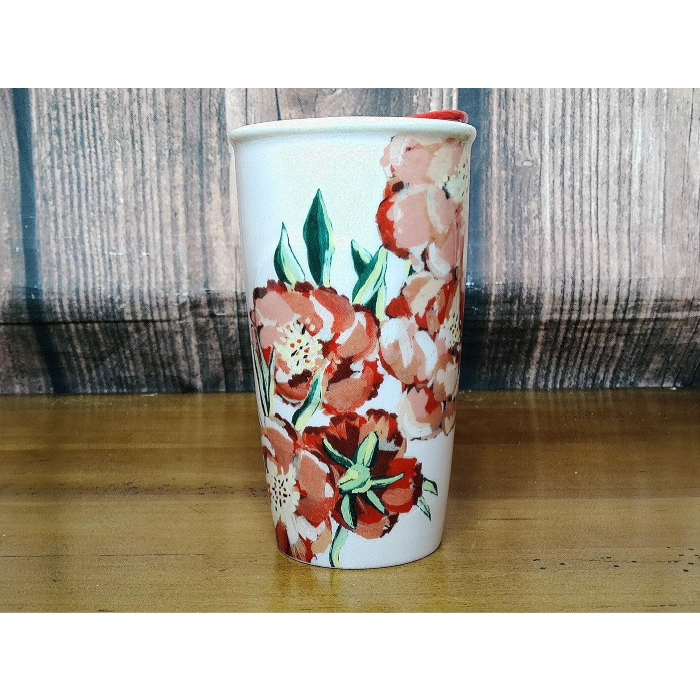 Starbucks Travel Mug 10 oz White Red Floral Print Red Lid