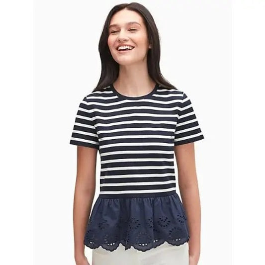 Kate Spade Women's Small Blue/White Striped Short Sleeve Peplum Eyelet Blouse