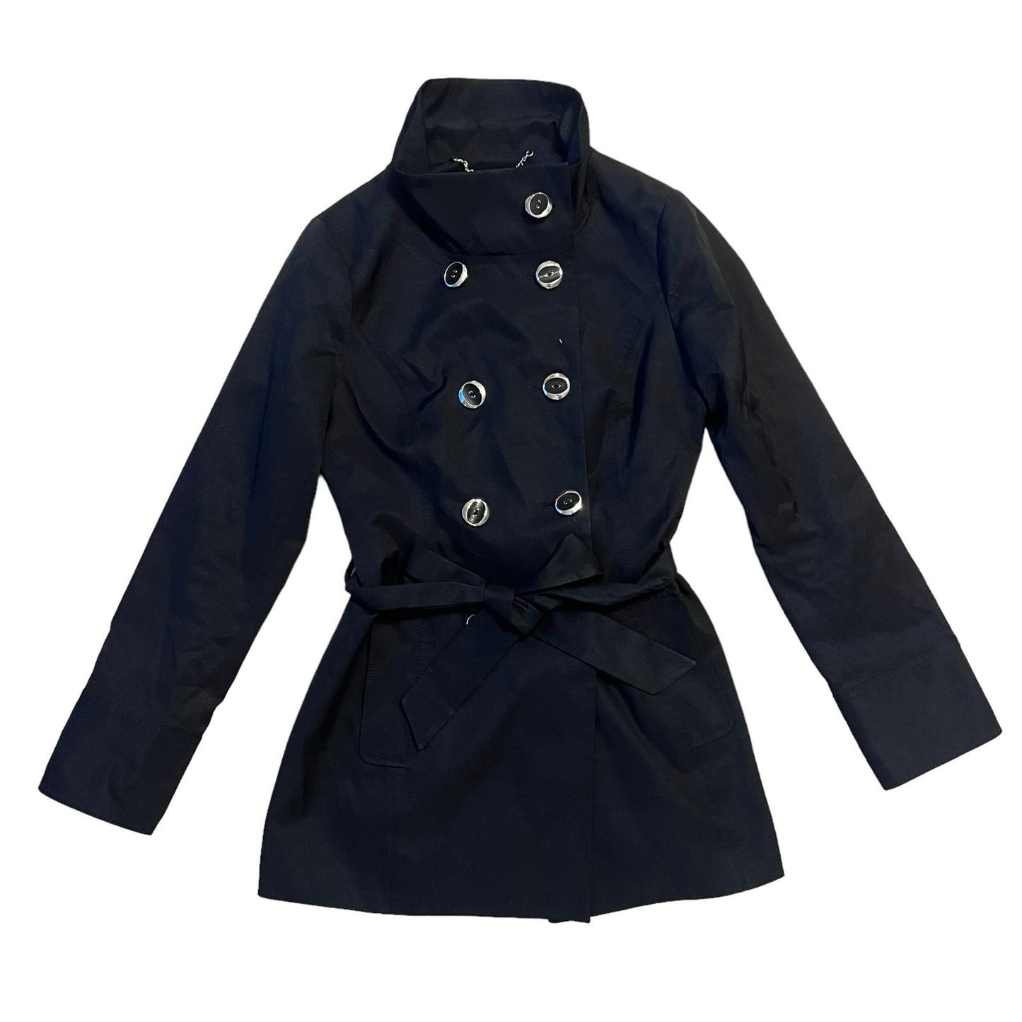 White House Black Market Women's Small Black Belted Double Breasted Rain Jacket