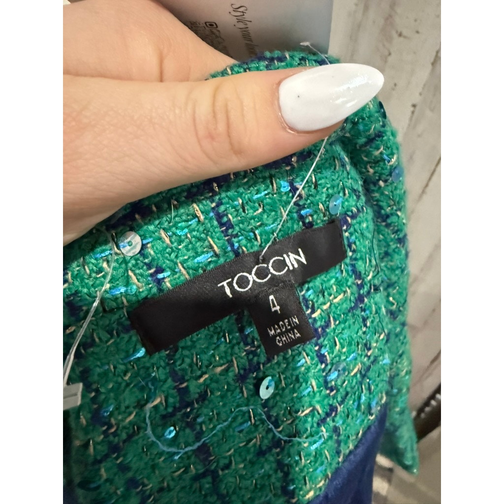 NWT TOCCIN Jacket Womens Size 4 Green Tweed Sequin Cropped Fringe Trim Gold