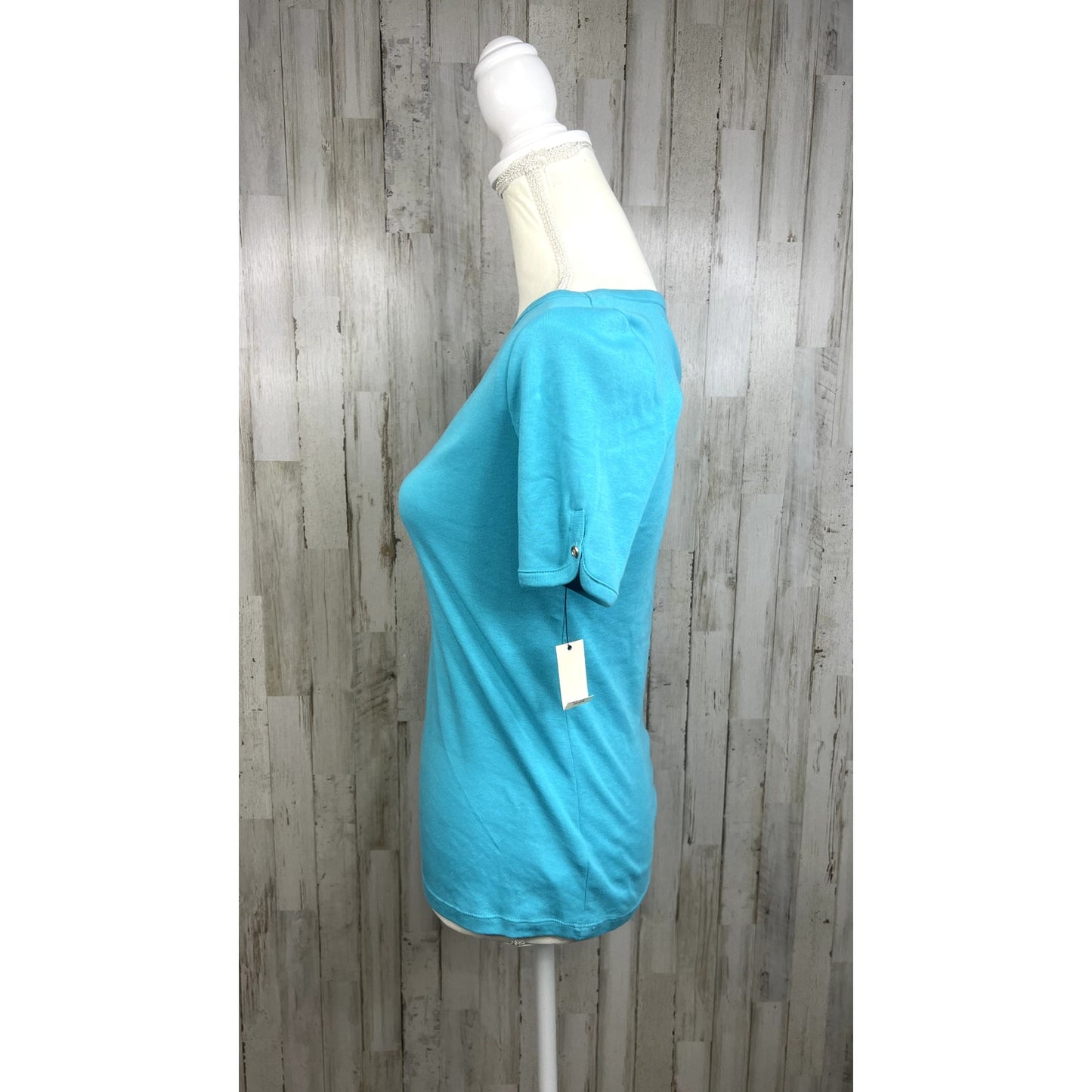 NWT Talbots Women's XS Teal Short Sleeve Cotton Top Boat Neck Button Detail