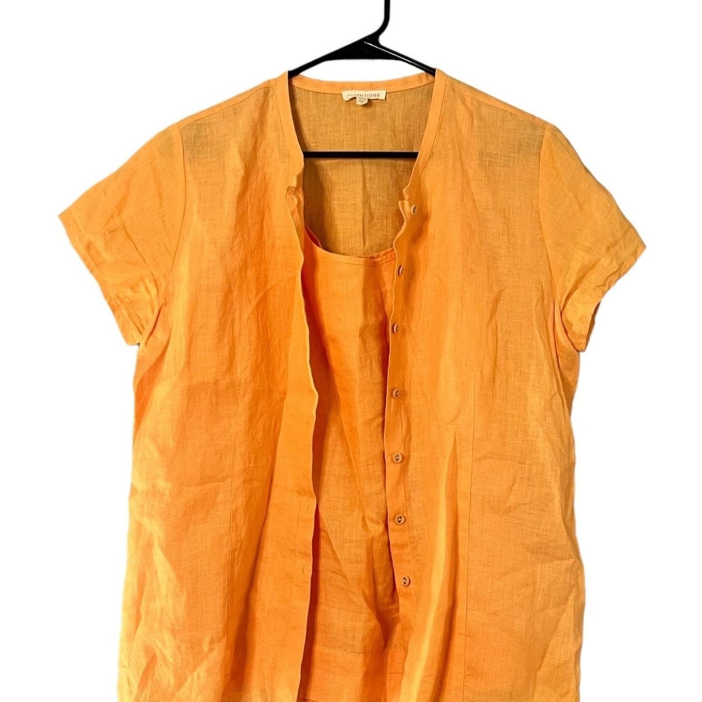 EILEEN FISHER Arabesque Orange Light Linen Button Front Shirt & Tank Top Set - M