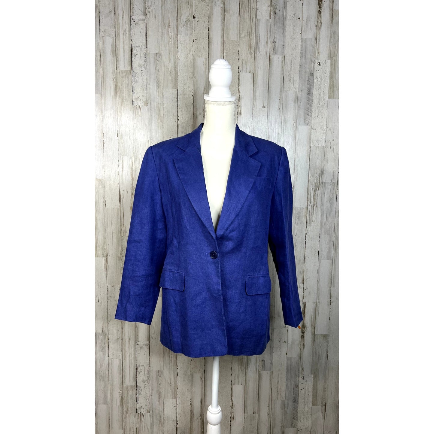 Talbots Petite Women's 8 Blue Irish Linen Business Casual one Button Blazer