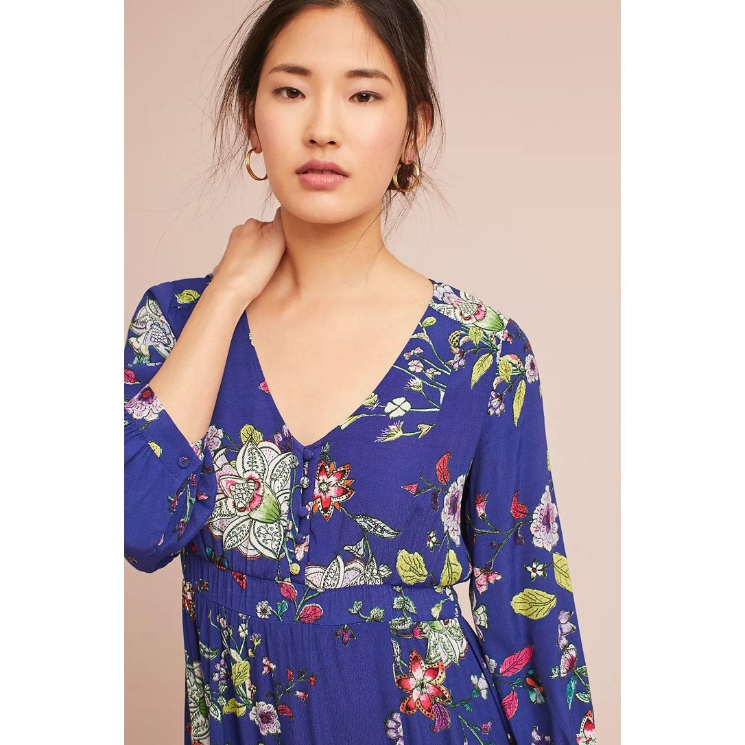 Maeve by Anthropologie Women's XS Blue Floral Long Sleeve Knee Length Dress