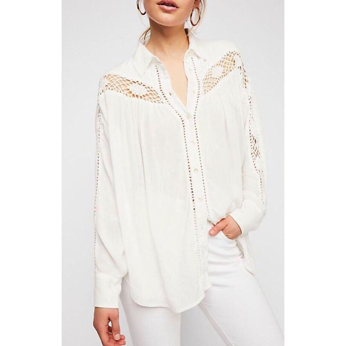 Free People Katie Bird Crochet Inset Ivory Button-Up Shirt Women's Size XS