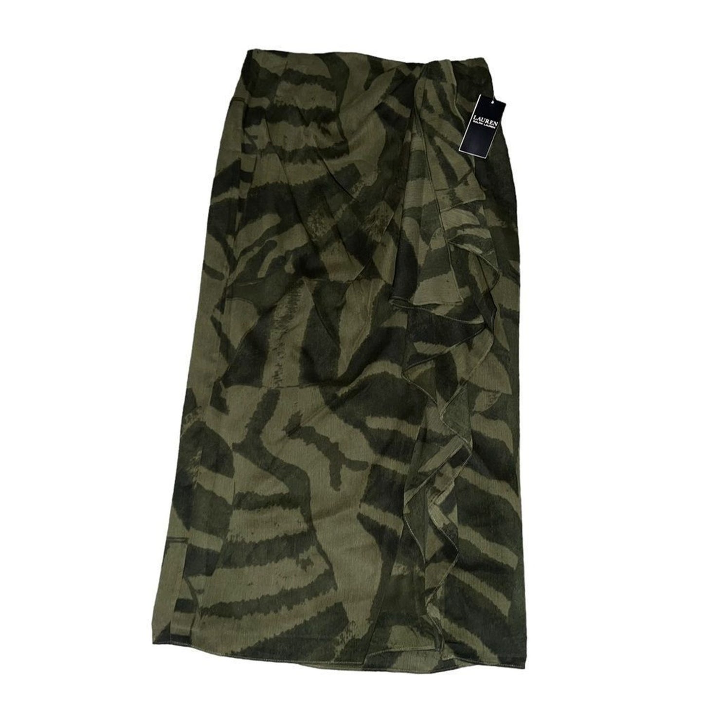 NWT Lauren Ralph Lauren Skirt Womens Size 2 Green Zebra Print Wrap Midi Ruffle