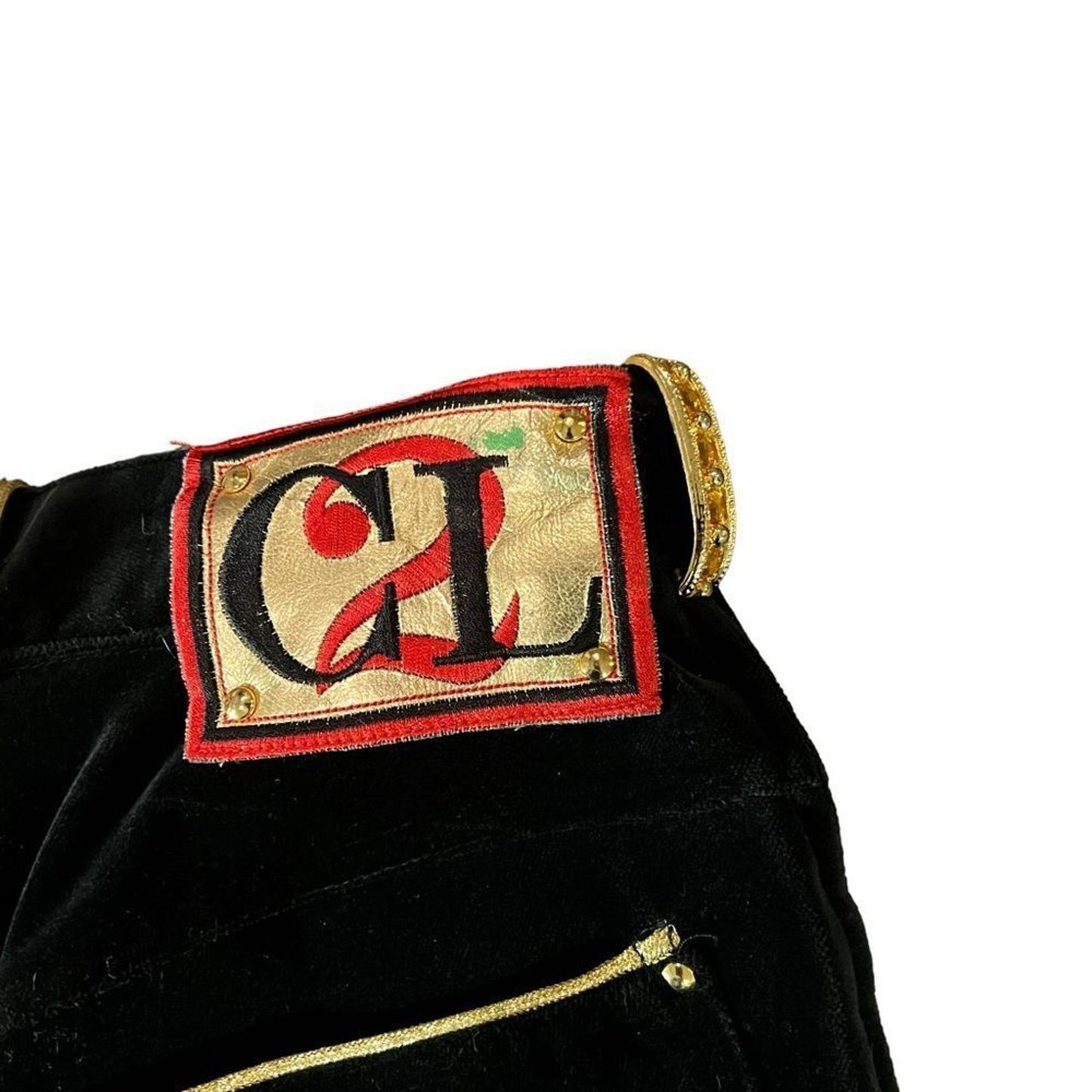 Christian Llinares Pants Womens 28 Black Velvet Slim Straight Gold Trim