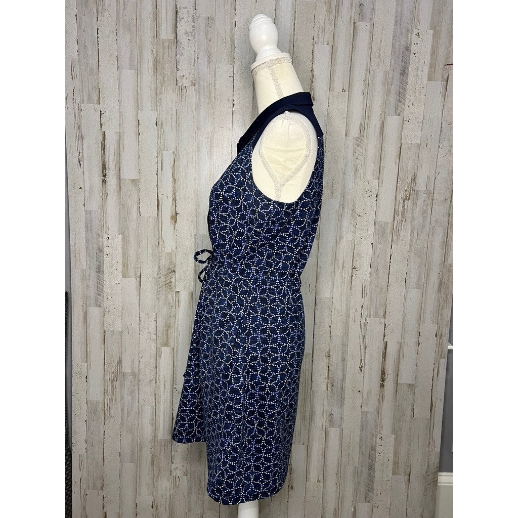 Talbots Petites Sleeveless Geometric Blue Knee-Length Dress Size Medium