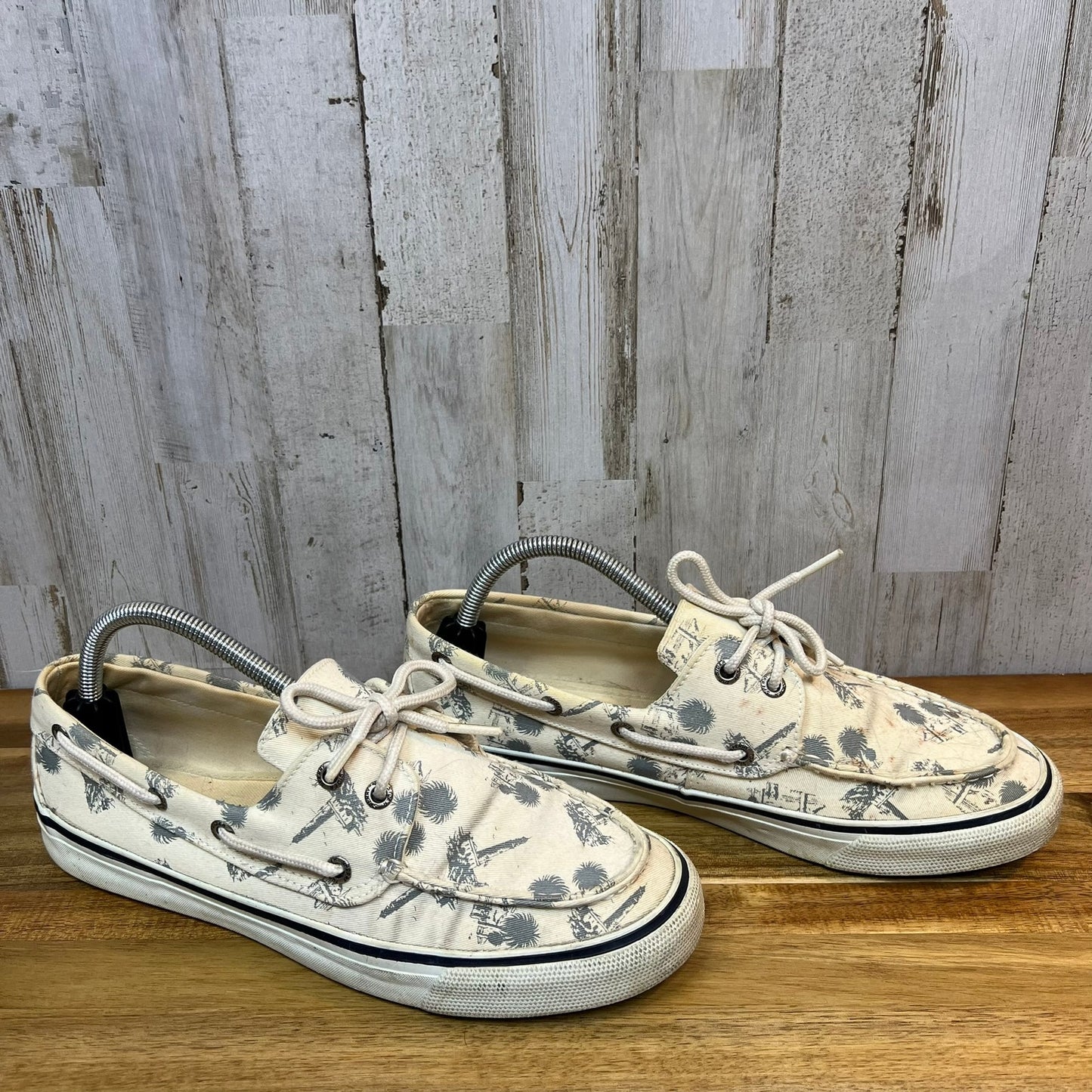 Vintage Sperry Top-Sider Women's 10M Canvas Boat Shoes White Palm Tree Print